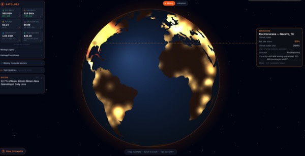 satGlobe — 3D visualization of Bitcoin mining and adoption data